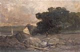 Edward Mitchell Bannister Famous Paintings - landscape with rocks, man and sailboats